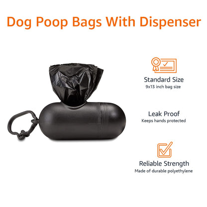 Dog Poop Leak Proof Bags With Dispenser and Leash Clip, Unscented, 600 Count, 40 Pack of 15, Black, 13 Inch x 9 Inch