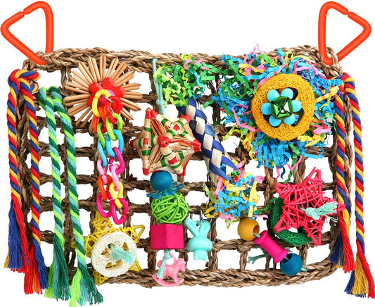 Bird Toys Bird Foraging Toys for Parakeets Cockatiel Conures Lovebirds Bird Foraging Shredding Seagrass Wall with Various Toys for Birds