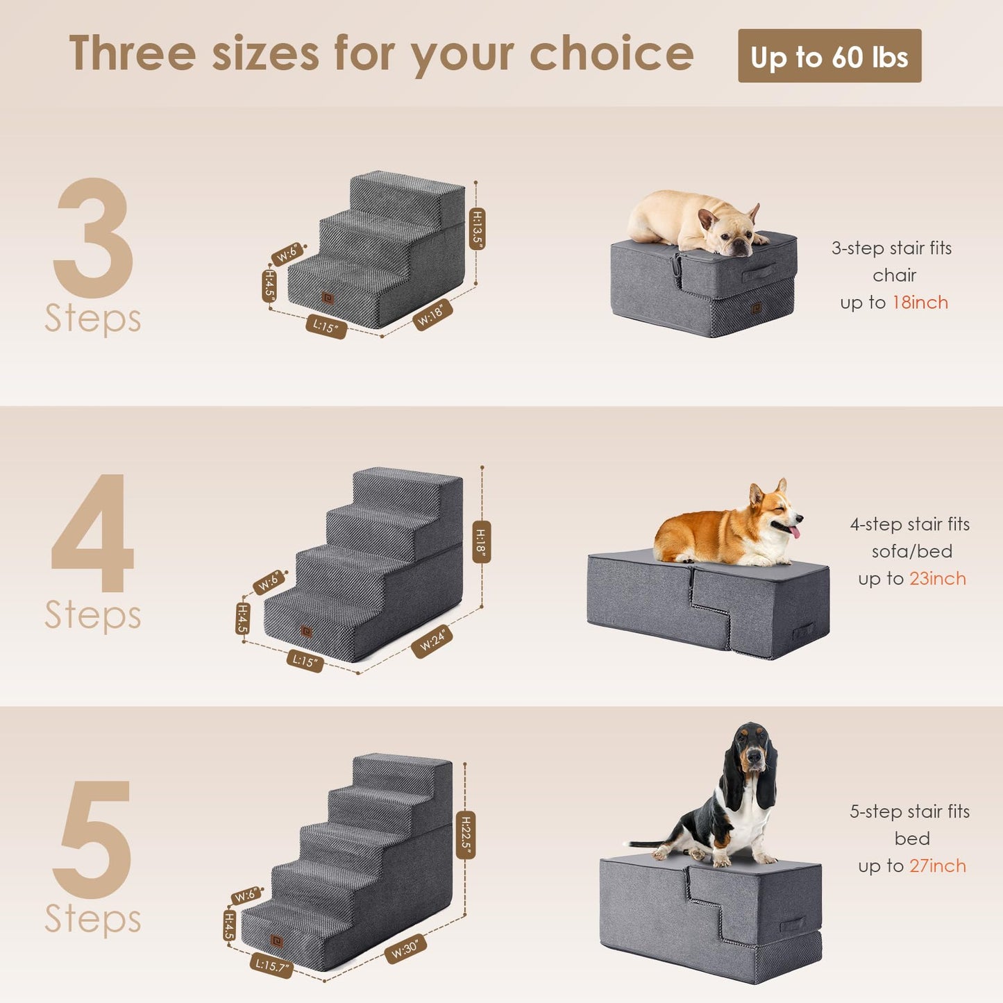 Rampa para perros para cama de 18" de alto, 4 escalones para perros para cama alta, color gris