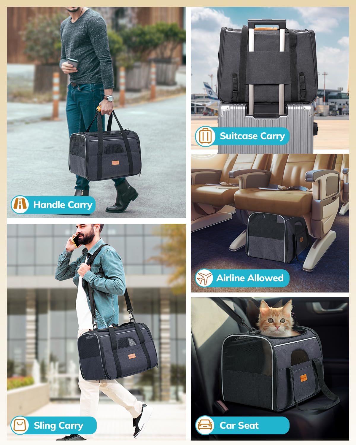 Transportín para gatos: transportador de lados suaves para gatos grandes, medianos y cachorros de hasta 15 libras, gris oscuro