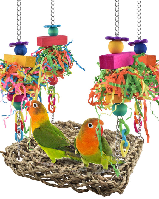 Bird Grass Swing Mat Parrot Climbing Hammock with Colorful Toys