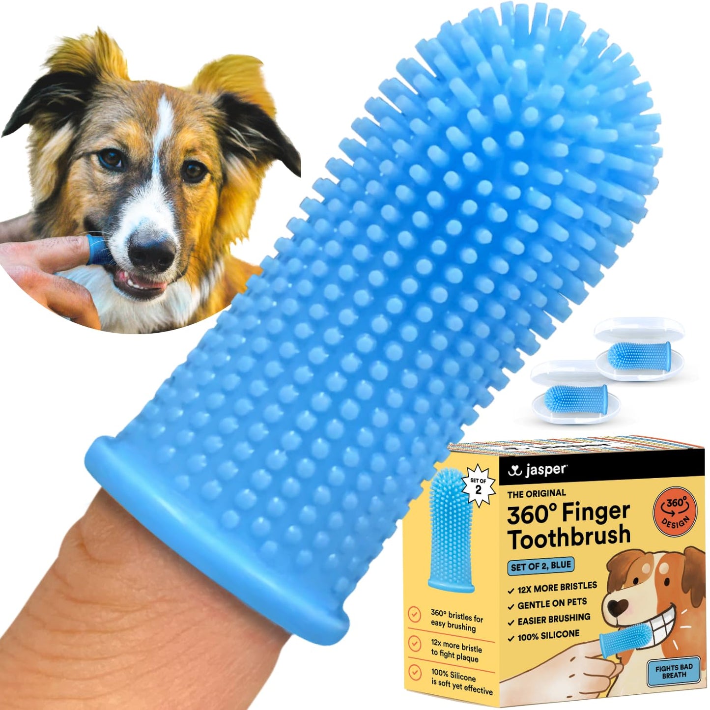 Cepillo de dientes para perros, kit de cepillado de dientes para perros de 360º, cepillo de dientes para gatos, paquete de 2, color azul