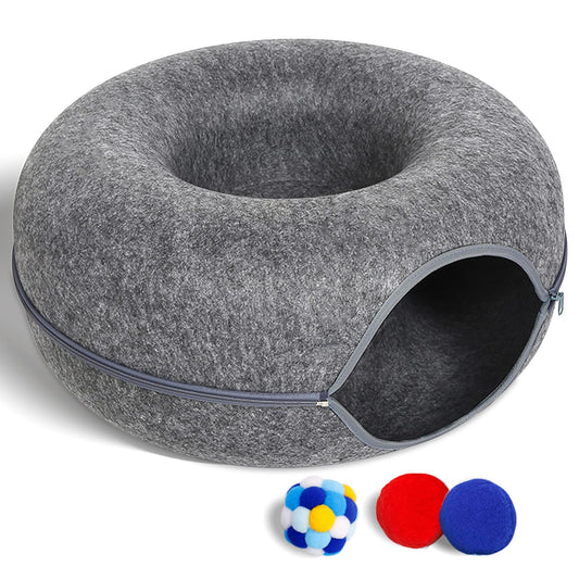 Large Cat Tunnel Bed for Indoor Cats with 3 Toys, Up to 30 Lbs (L 24x24x11, Dark Grey)