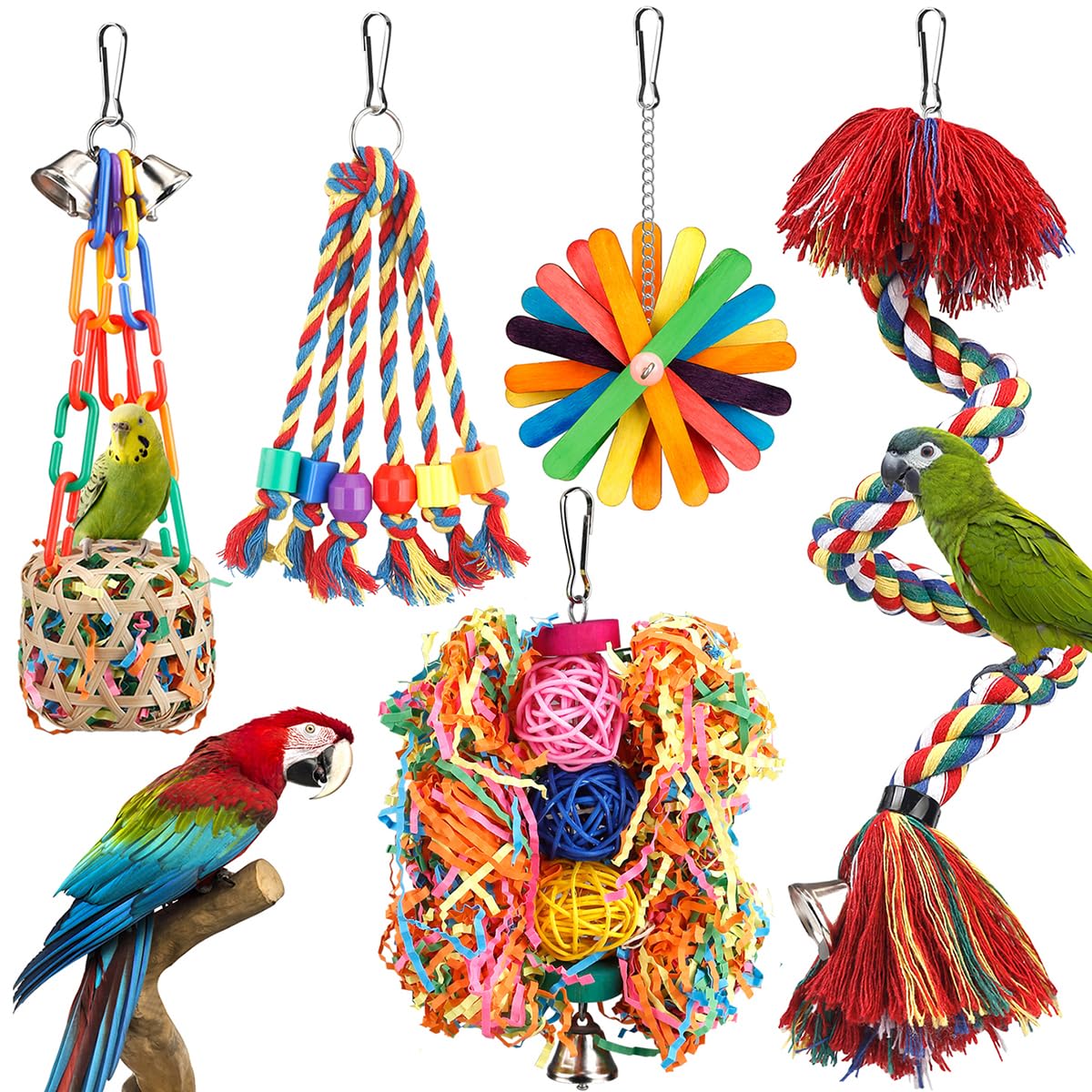 Bird Toys Bird Rope Perch with Bell Colorful Bird Chewing Shredding Foraging Toys