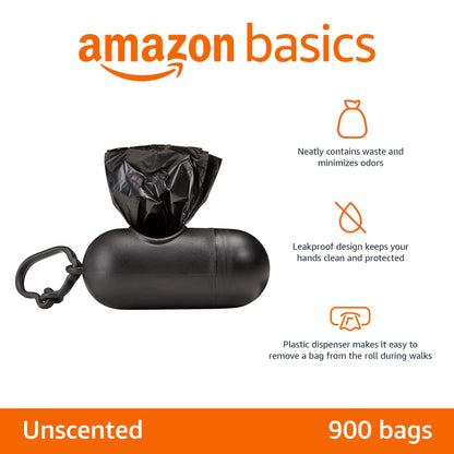 Dog Poop Leak Proof Bags With Dispenser and Leash Clip, Unscented, 600 Count, 40 Pack of 15, Black, 13 Inch x 9 Inch