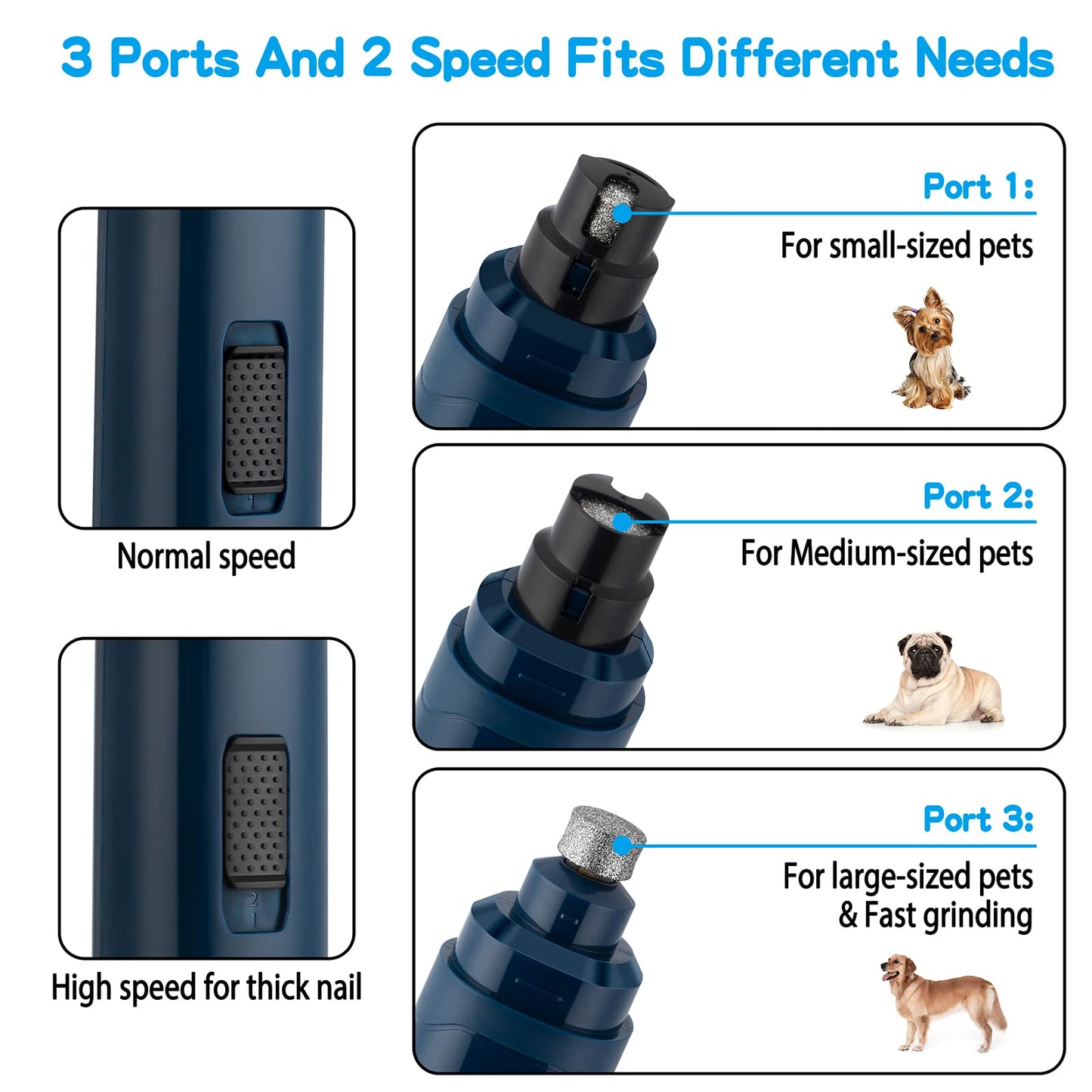 Amoladora de uñas para perros mejorada: profesional, eléctrica, recargable, de 2 velocidades (azul oscuro)