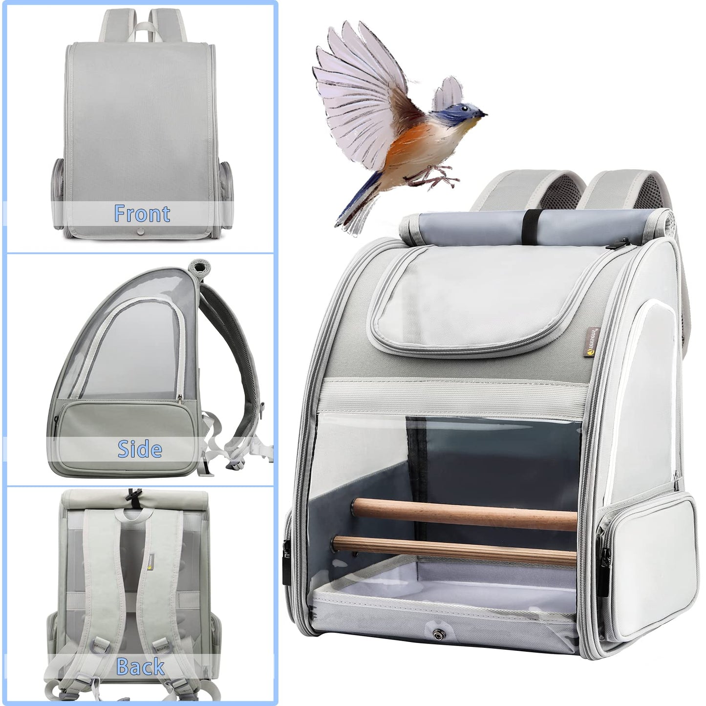 Bird Carrier Backpack - Pet Travel Cage  (Grey)