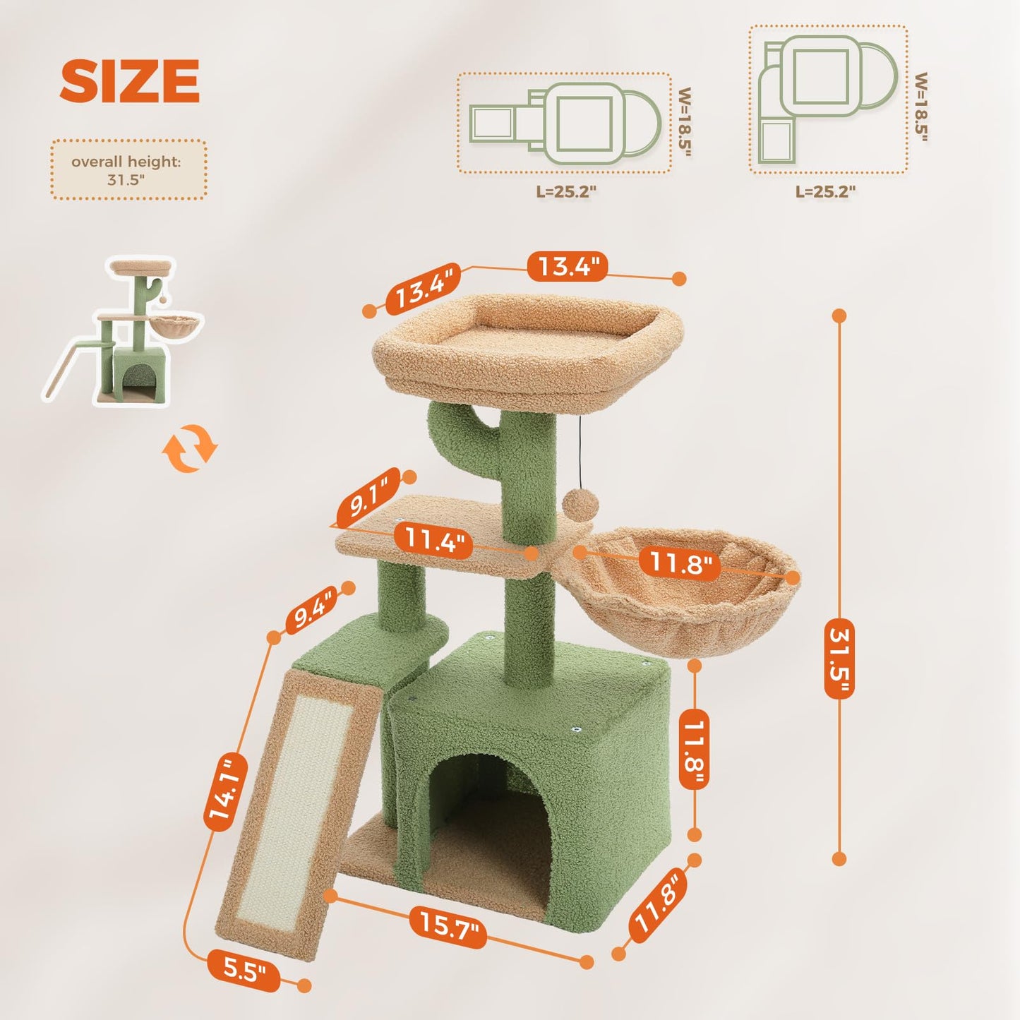 Cactus Cat Tree for Indoor Cats, 32'' Small Cat Tower