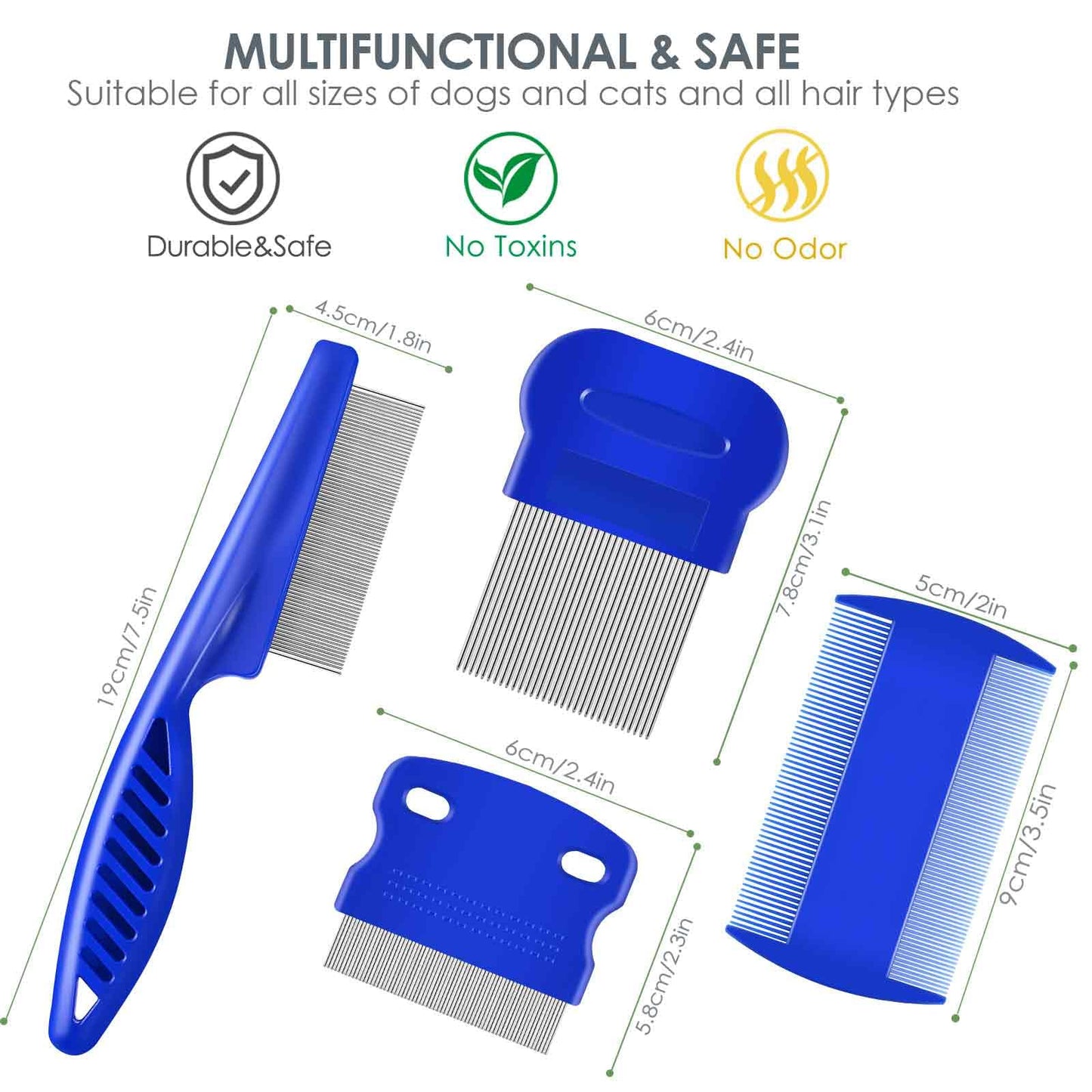 Peine para pulgas y piojos, paquete de 4, peines de acero inoxidable para el cuidado de perros y gatos con dientes redondeados