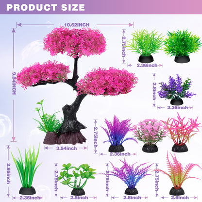 Aquarium Artificial Plastic Plants Decoration, Pink Cherry Blossom Tree & Grass Aquarium Decor Set