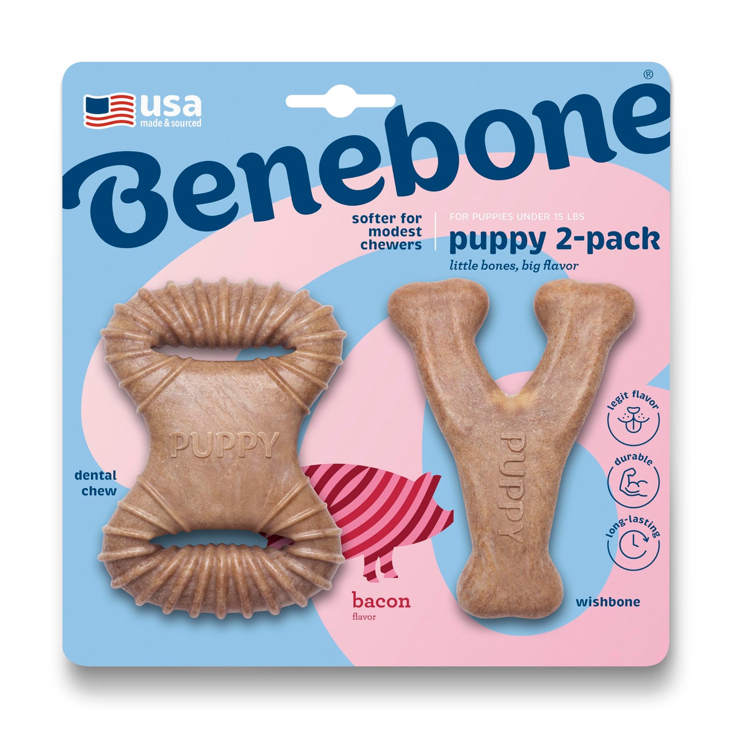 Puppy 2-Pack Dental Chew/Wishbone Dog Chew Toys, Made in USA, Real Bacon Flavor