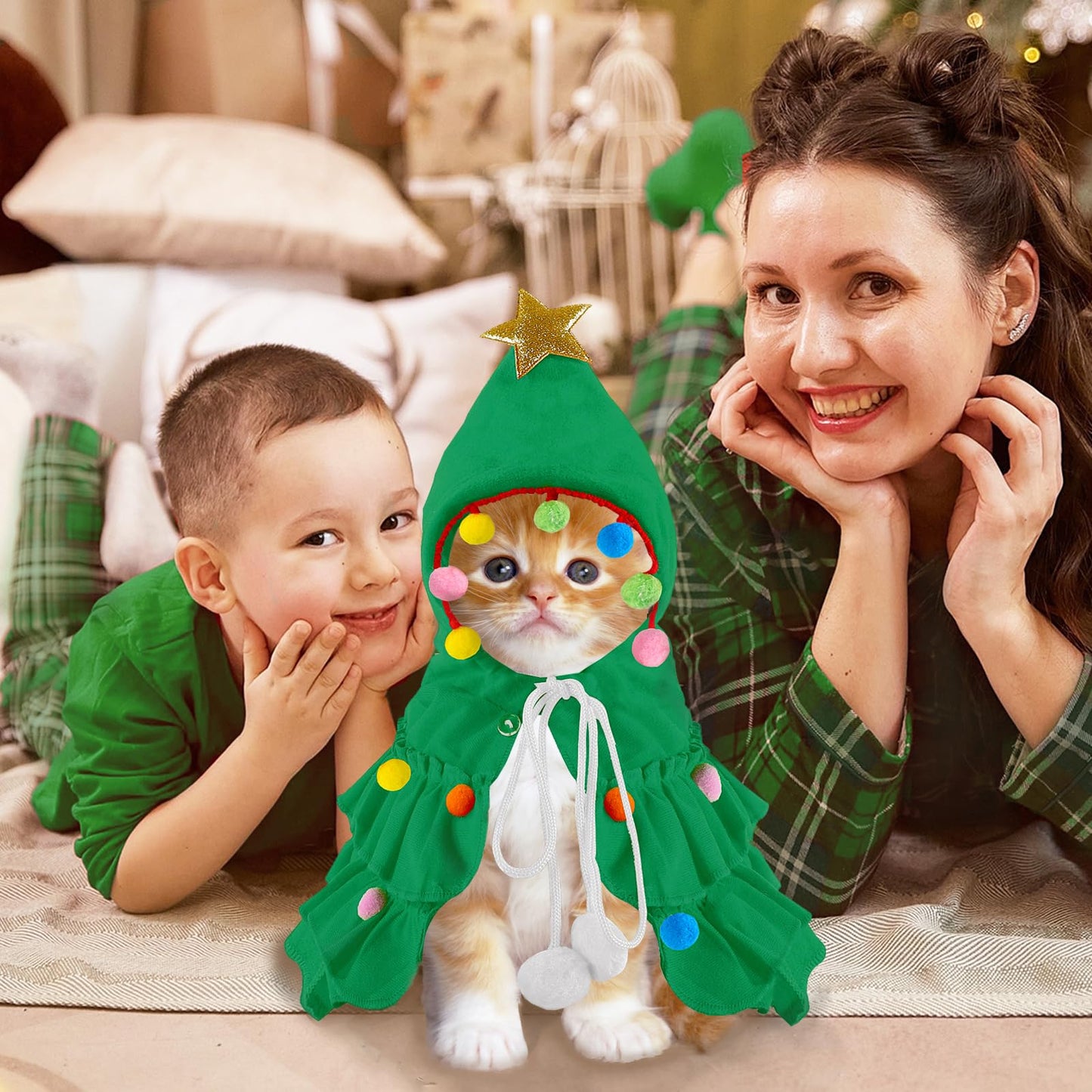 Cat Christmas Outfit Green Pet Cloak