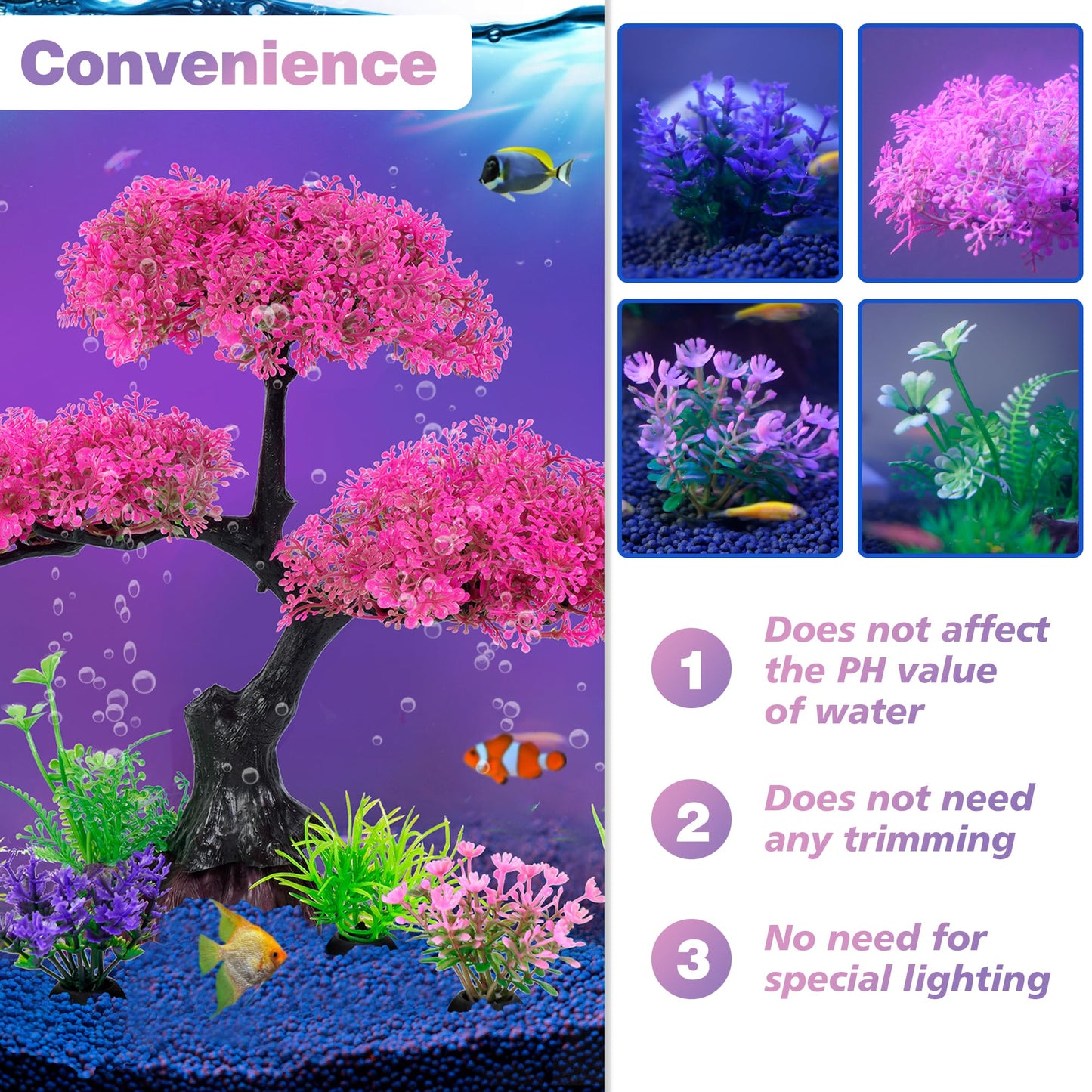 Aquarium Artificial Plastic Plants Decoration, Pink Cherry Blossom Tree & Grass Aquarium Decor Set