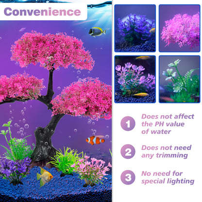 Aquarium Artificial Plastic Plants Decoration, Pink Cherry Blossom Tree & Grass Aquarium Decor Set