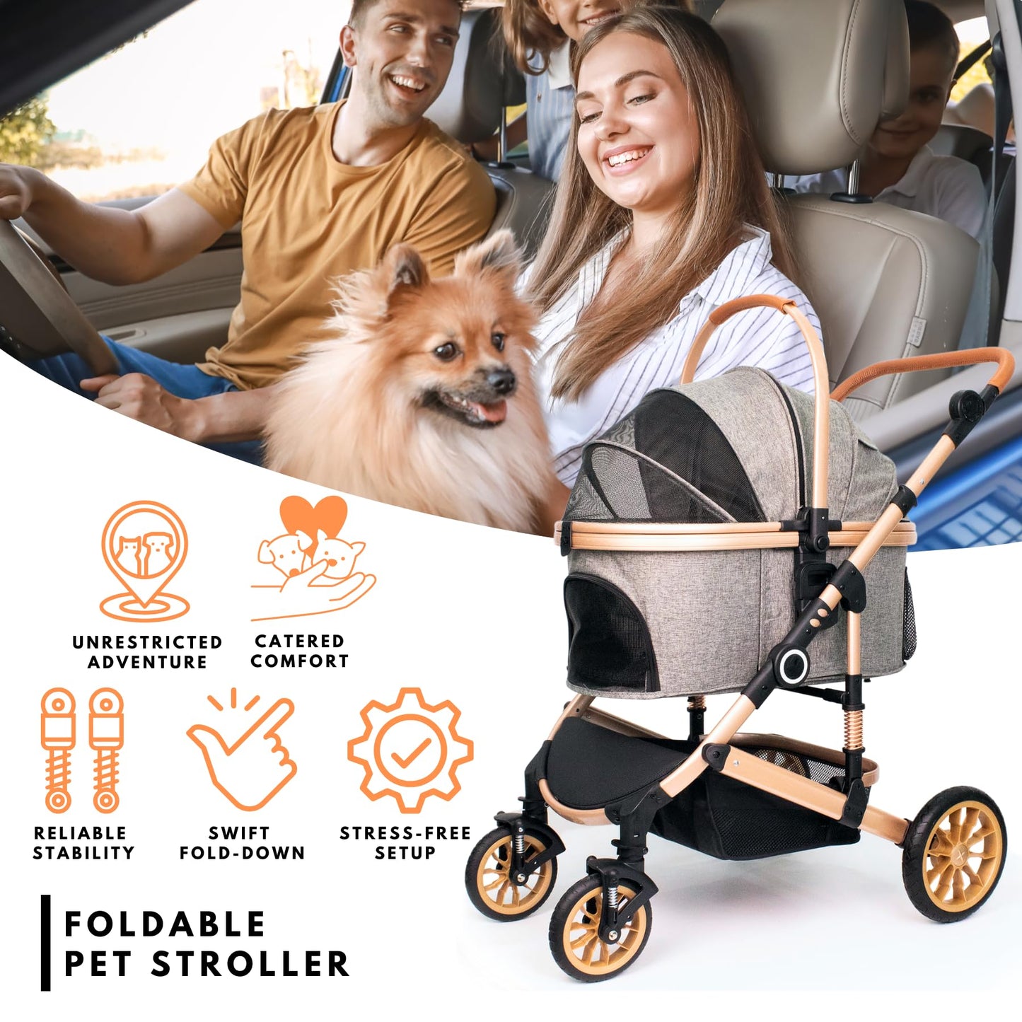 Pet Stroller with 4 Wheels, Car Seat 3 in 1 Multifunctional (Grey)