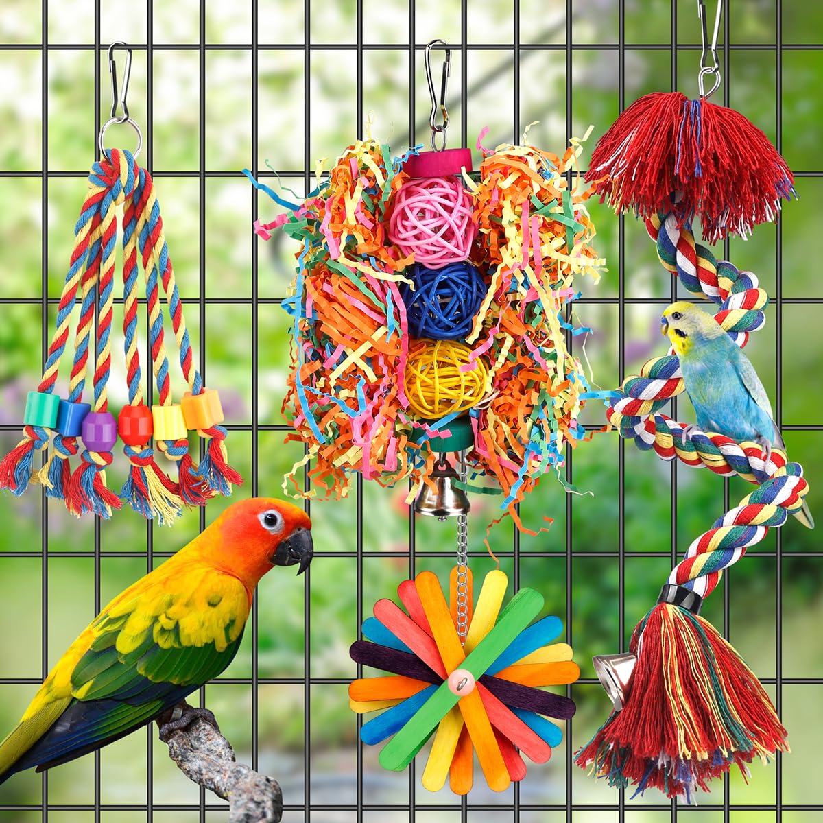 Bird Toys Bird Rope Perch with Bell Colorful Bird Chewing Shredding Foraging Toys