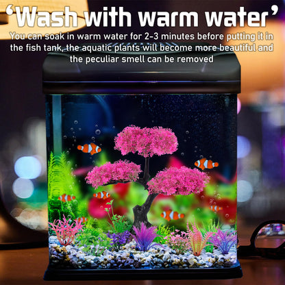 Aquarium Artificial Plastic Plants Decoration, Pink Cherry Blossom Tree & Grass Aquarium Decor Set