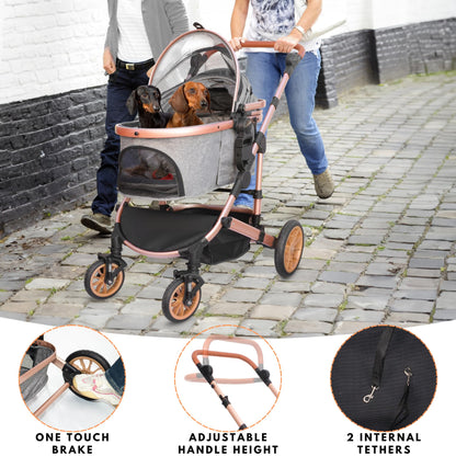 Pet Stroller with 4 Wheels, Car Seat 3 in 1 Multifunctional (Grey)