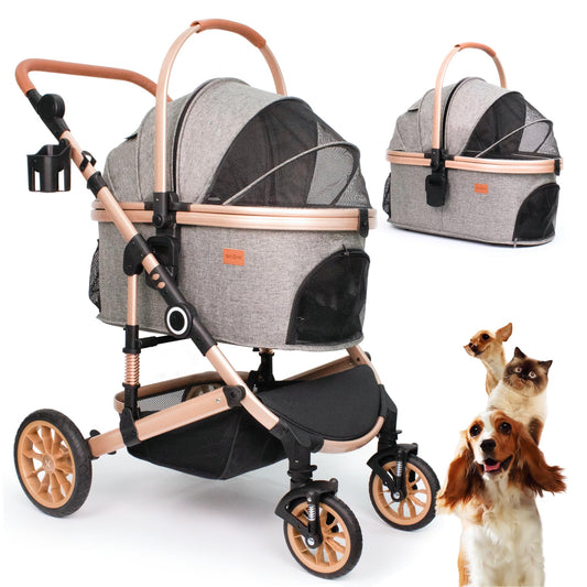 Pet Stroller with 4 Wheels, Car Seat 3 in 1 Multifunctional (Grey)