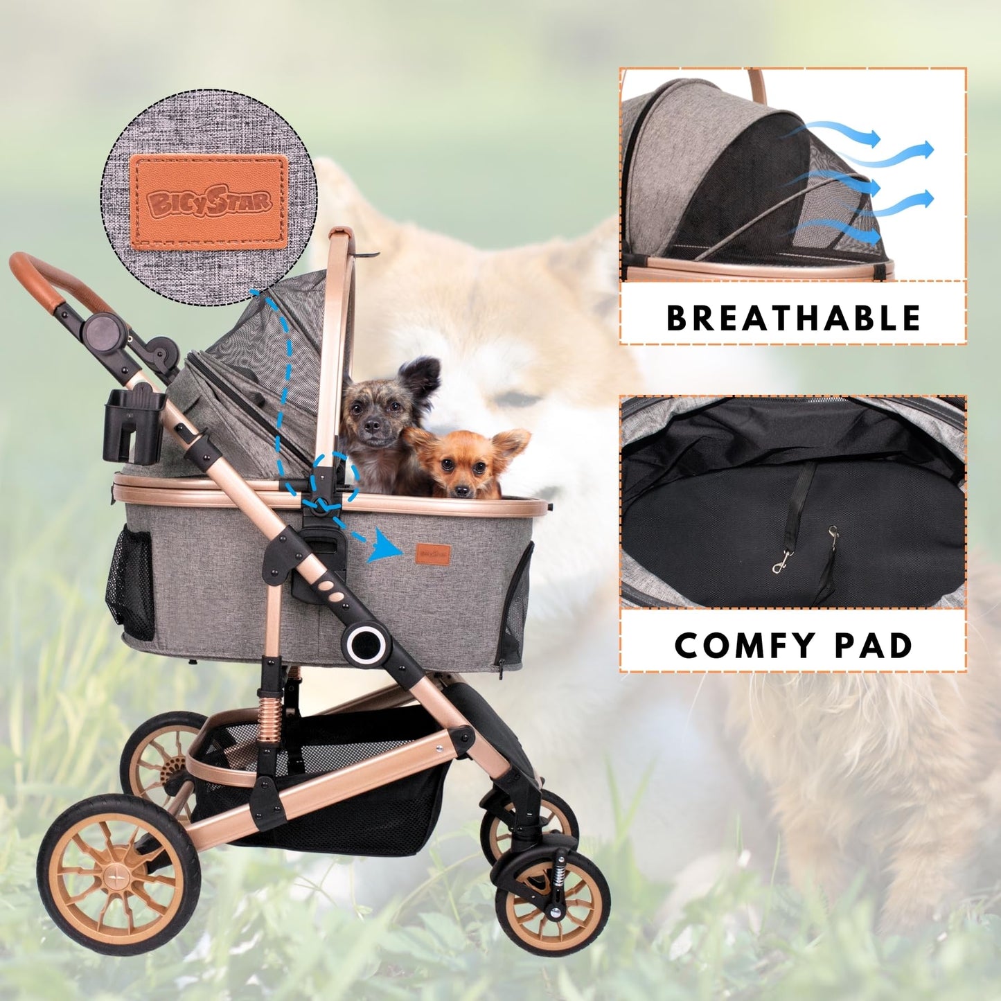 Pet Stroller with 4 Wheels, Car Seat 3 in 1 Multifunctional (Grey)