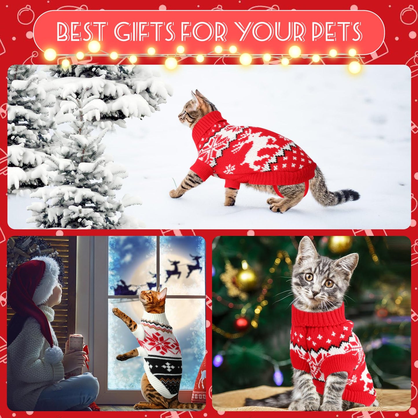 2 Packs Cat Christmas Sweater Turtleneck S