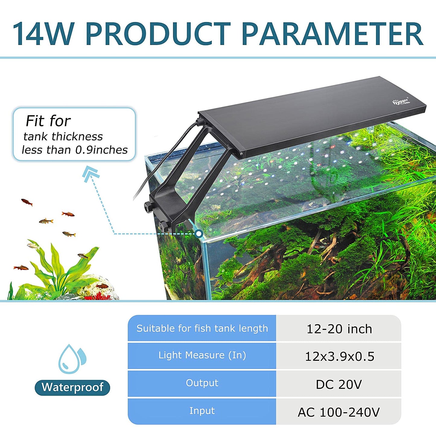 Clip On 24/7 Lighting Aquarium LED Light, 14W Sunrise-Daylight-Moonlight and DIY Mode