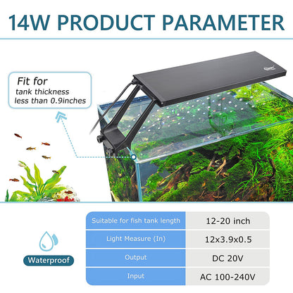 Clip On 24/7 Lighting Aquarium LED Light, 14W Sunrise-Daylight-Moonlight and DIY Mode