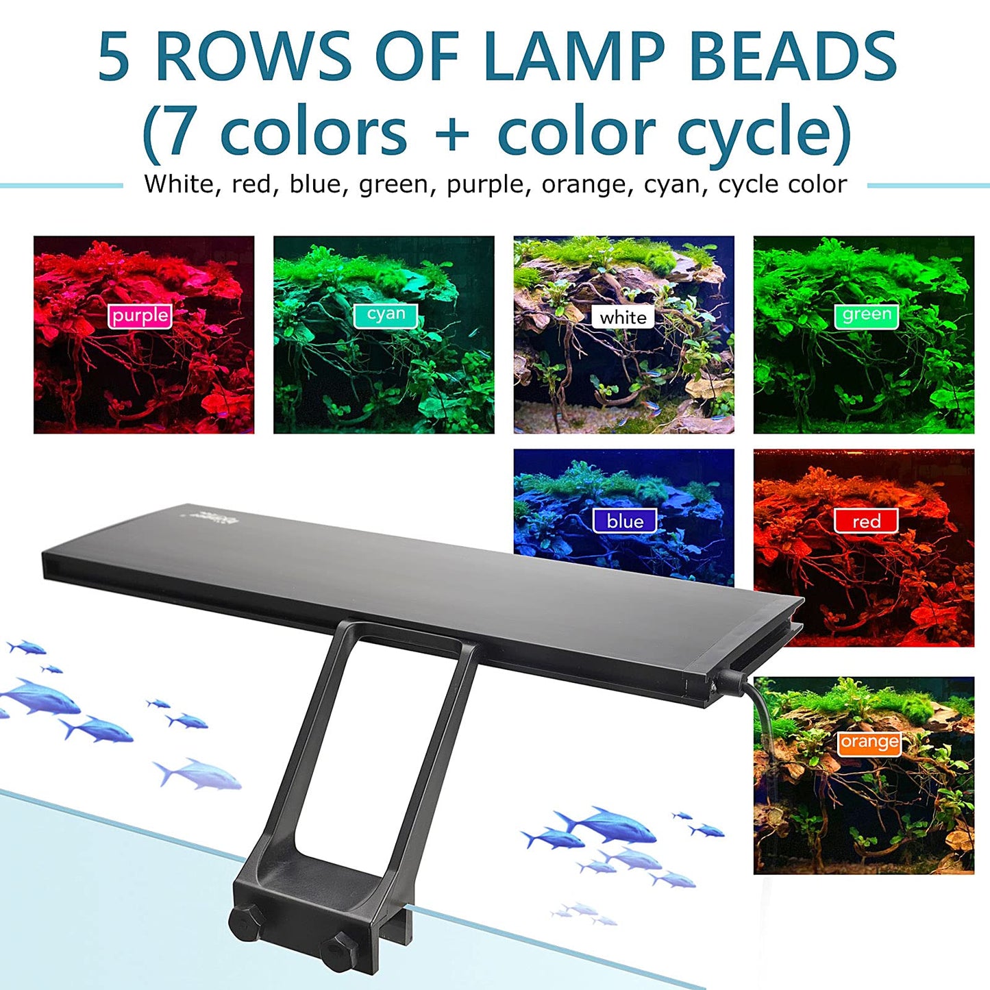 Clip On 24/7 Lighting Aquarium LED Light, 14W Sunrise-Daylight-Moonlight and DIY Mode