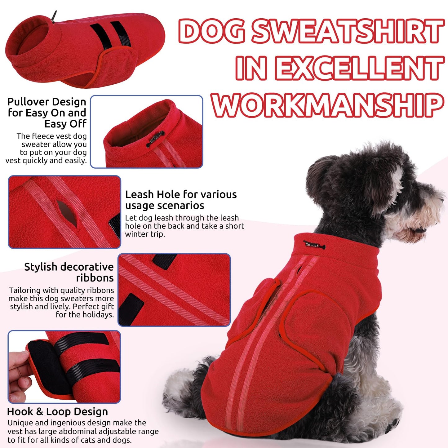 Small Dog Sweaters, Soft Fleece Vest Pullover Dog Jacket with Leash Holel (Red, S)