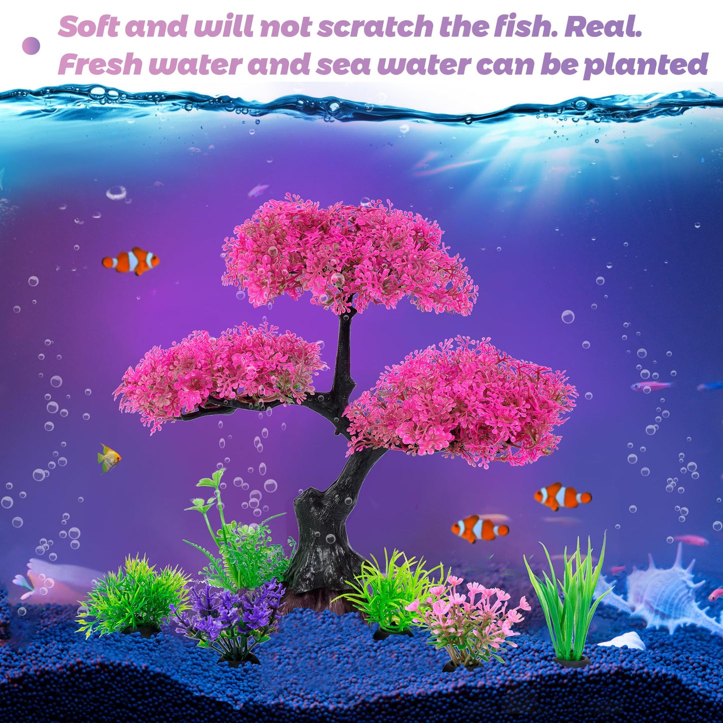 Aquarium Artificial Plastic Plants Decoration, Pink Cherry Blossom Tree & Grass Aquarium Decor Set