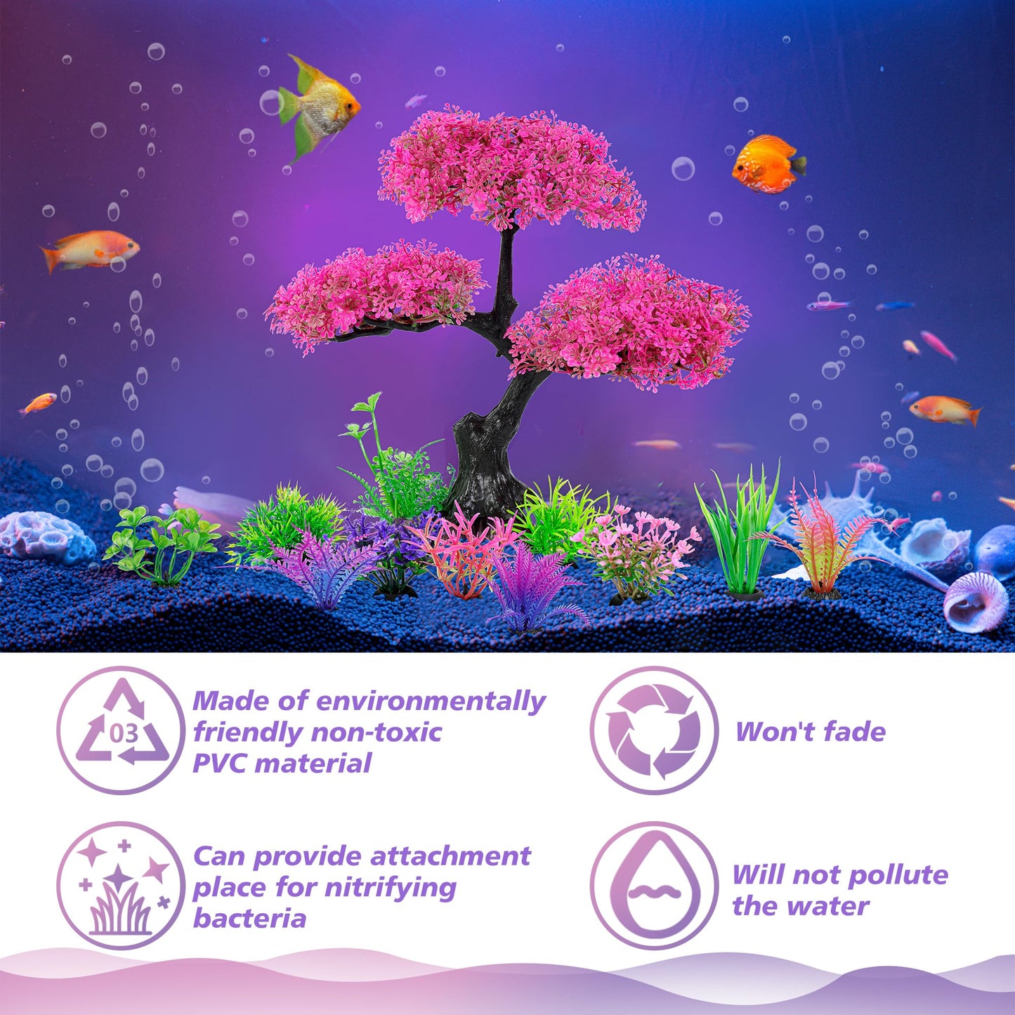 Aquarium Artificial Plastic Plants Decoration, Pink Cherry Blossom Tree & Grass Aquarium Decor Set