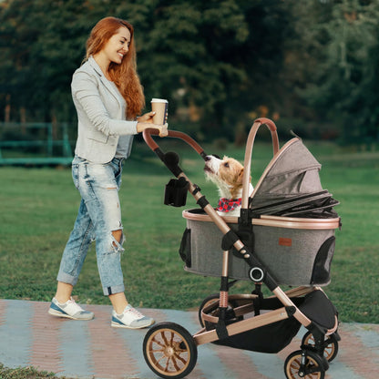 Pet Stroller with 4 Wheels, Car Seat 3 in 1 Multifunctional (Grey)