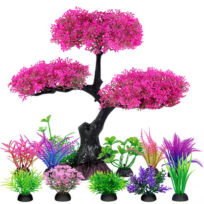 Aquarium Artificial Plastic Plants Decoration, Pink Cherry Blossom Tree & Grass Aquarium Decor Set