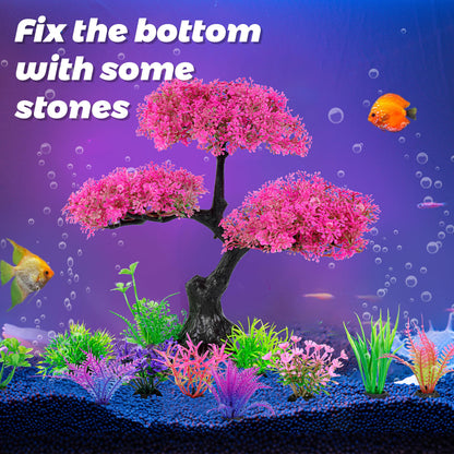 Aquarium Artificial Plastic Plants Decoration, Pink Cherry Blossom Tree & Grass Aquarium Decor Set